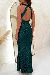 Arolora Criss-cross Halter Neck Sequin Fishtail Dress