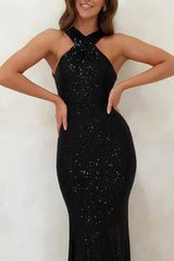 Arolora Criss-cross Halter Neck Sequin Fishtail Dress