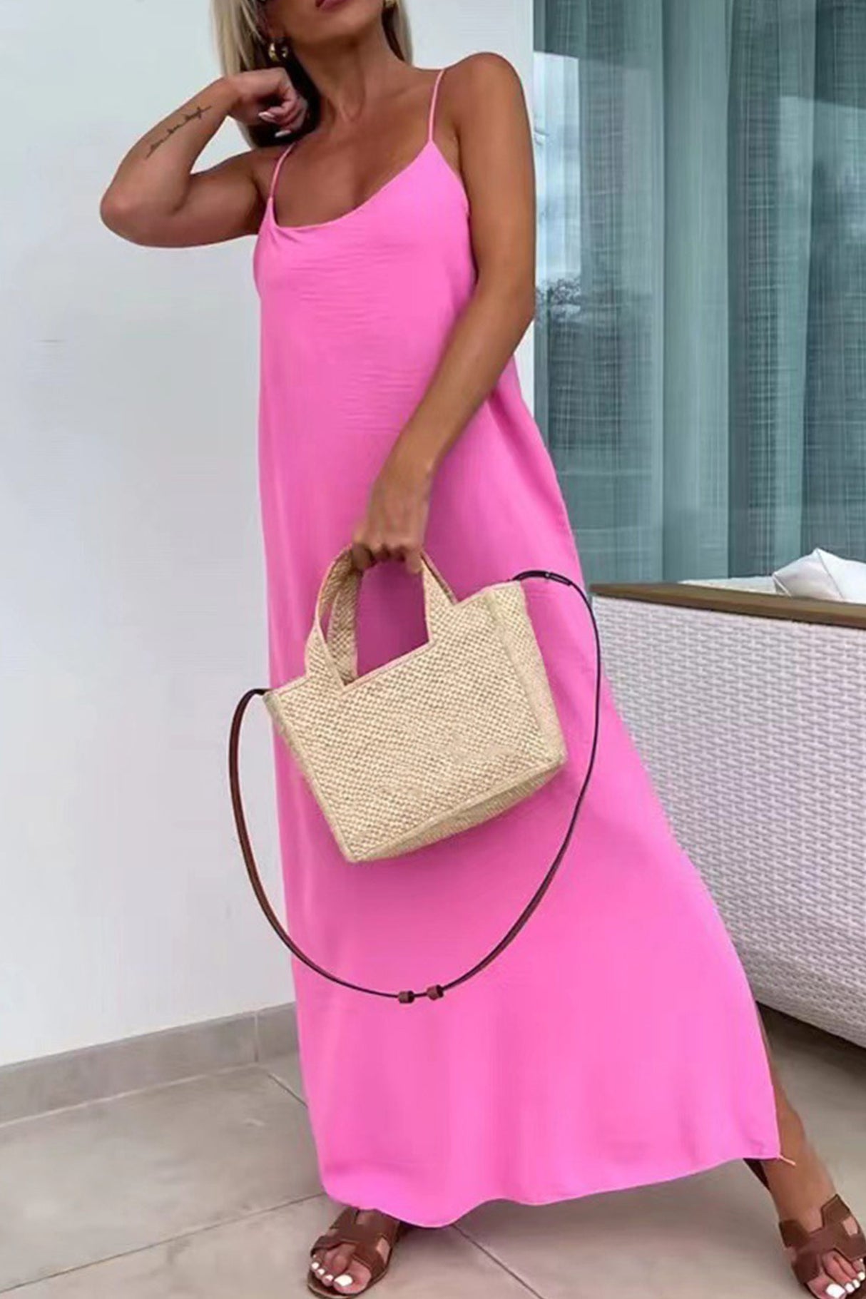 Arolora Crisscross Backless Slit Cami Dress