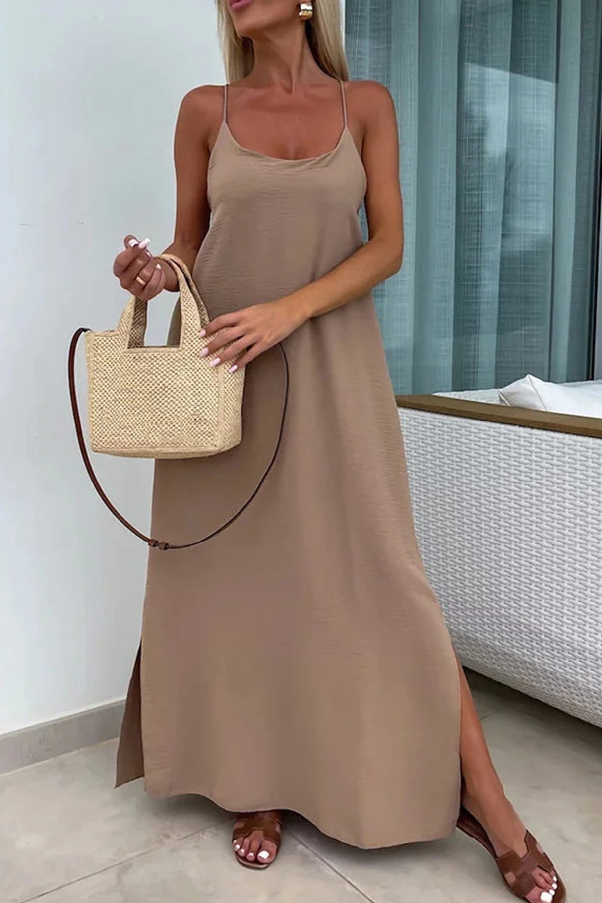 Arolora Crisscross Backless Slit Cami Dress