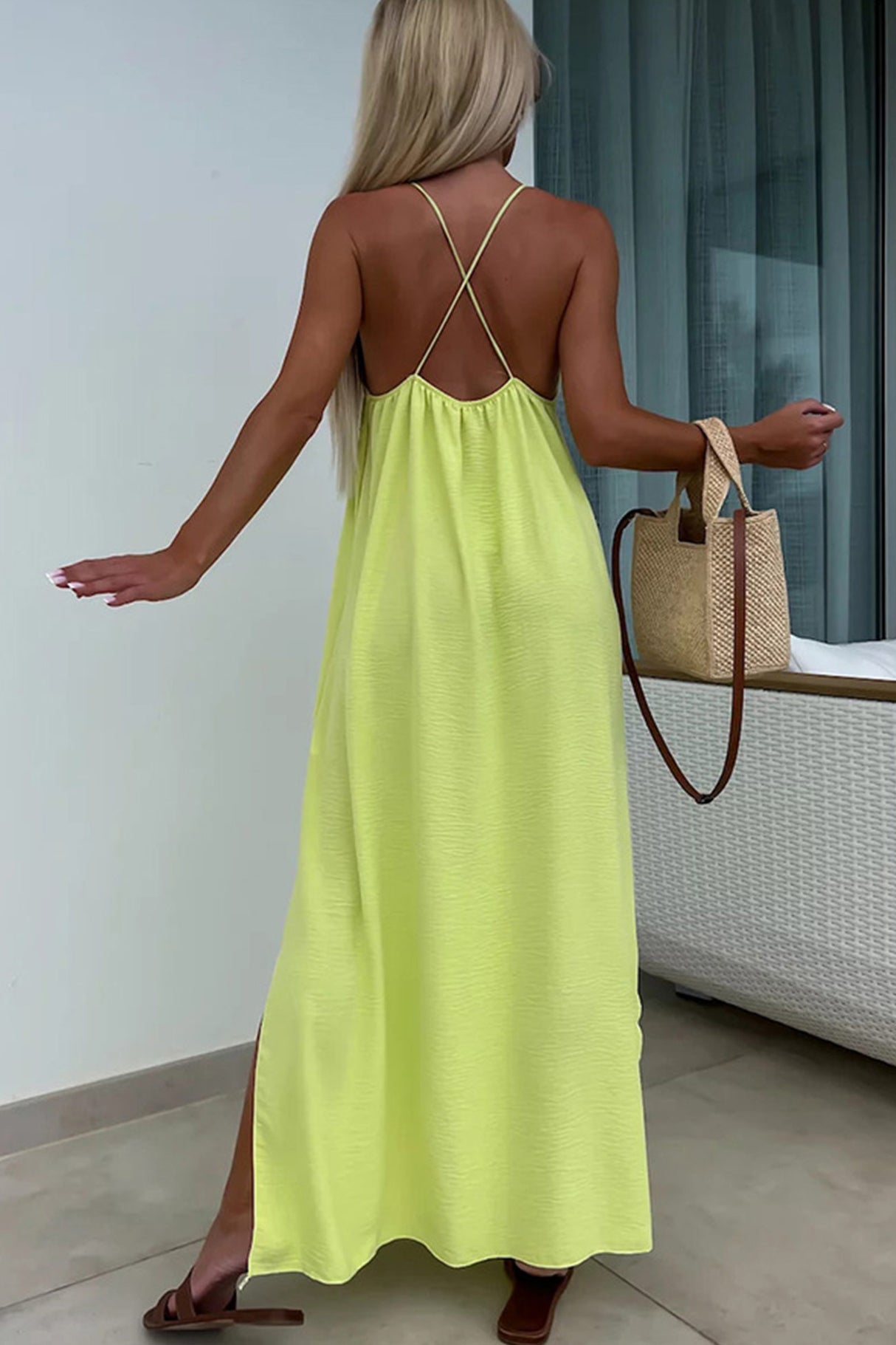 Arolora Crisscross Backless Slit Cami Dress