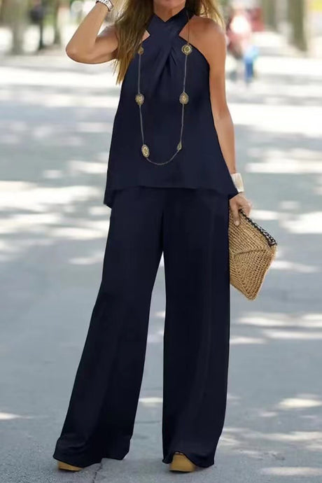 Crisscrosses Halterneck Backless Top Pants Suits