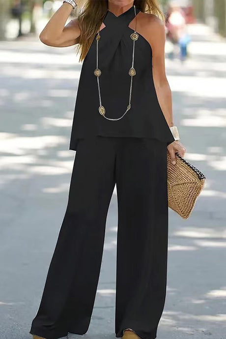 Crisscrosses Halterneck Backless Top Pants Suits