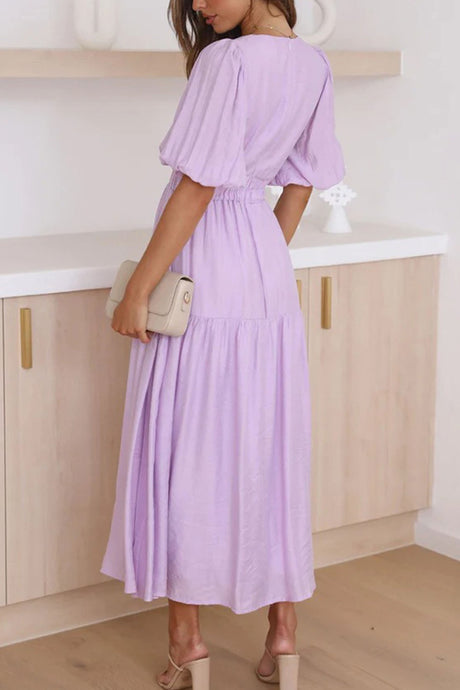 Deep V Neck Puff Sleeve Tiered Dress