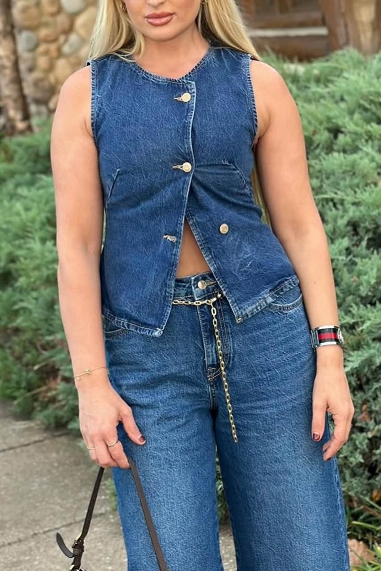 Arolora Denim Tank Top Wide Leg Jeans Set