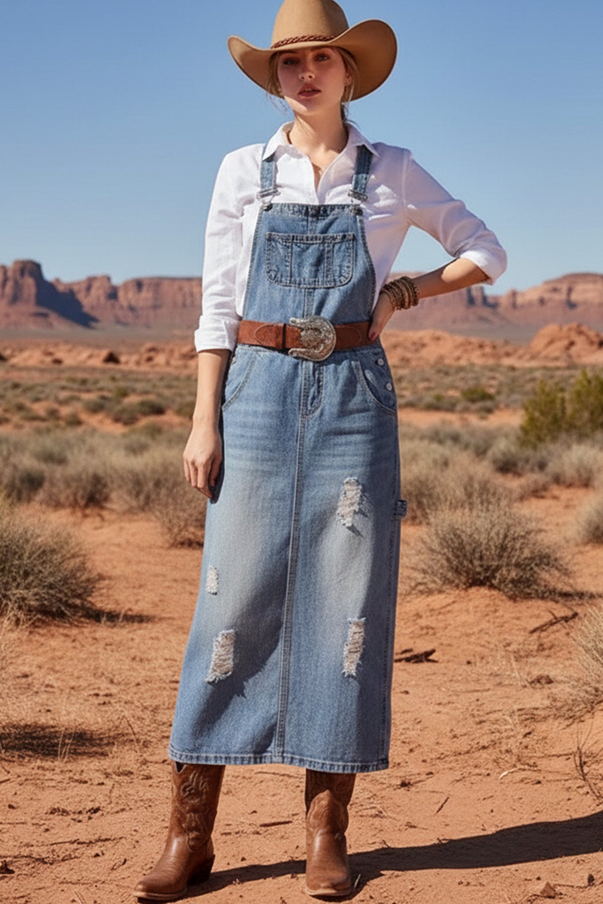 Distress Denim Overall Dress