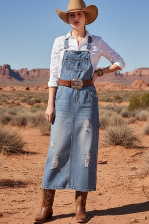 Distress Denim Overall Dress