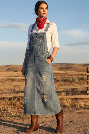 Distress Denim Overall Dress