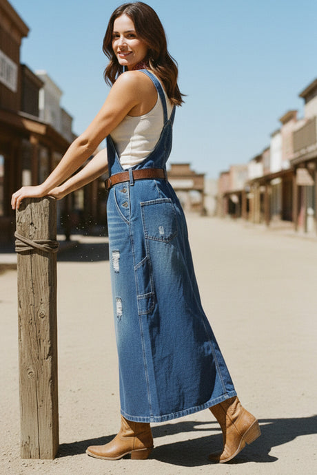 Distress Denim Overall Dress