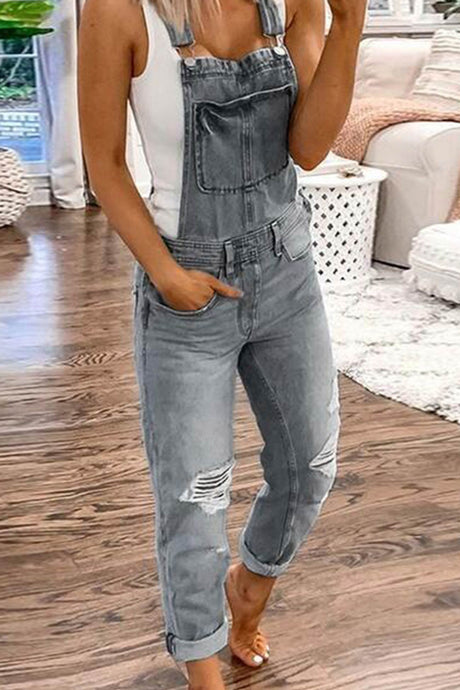 Distressed Front With Pocket Denim Overalls