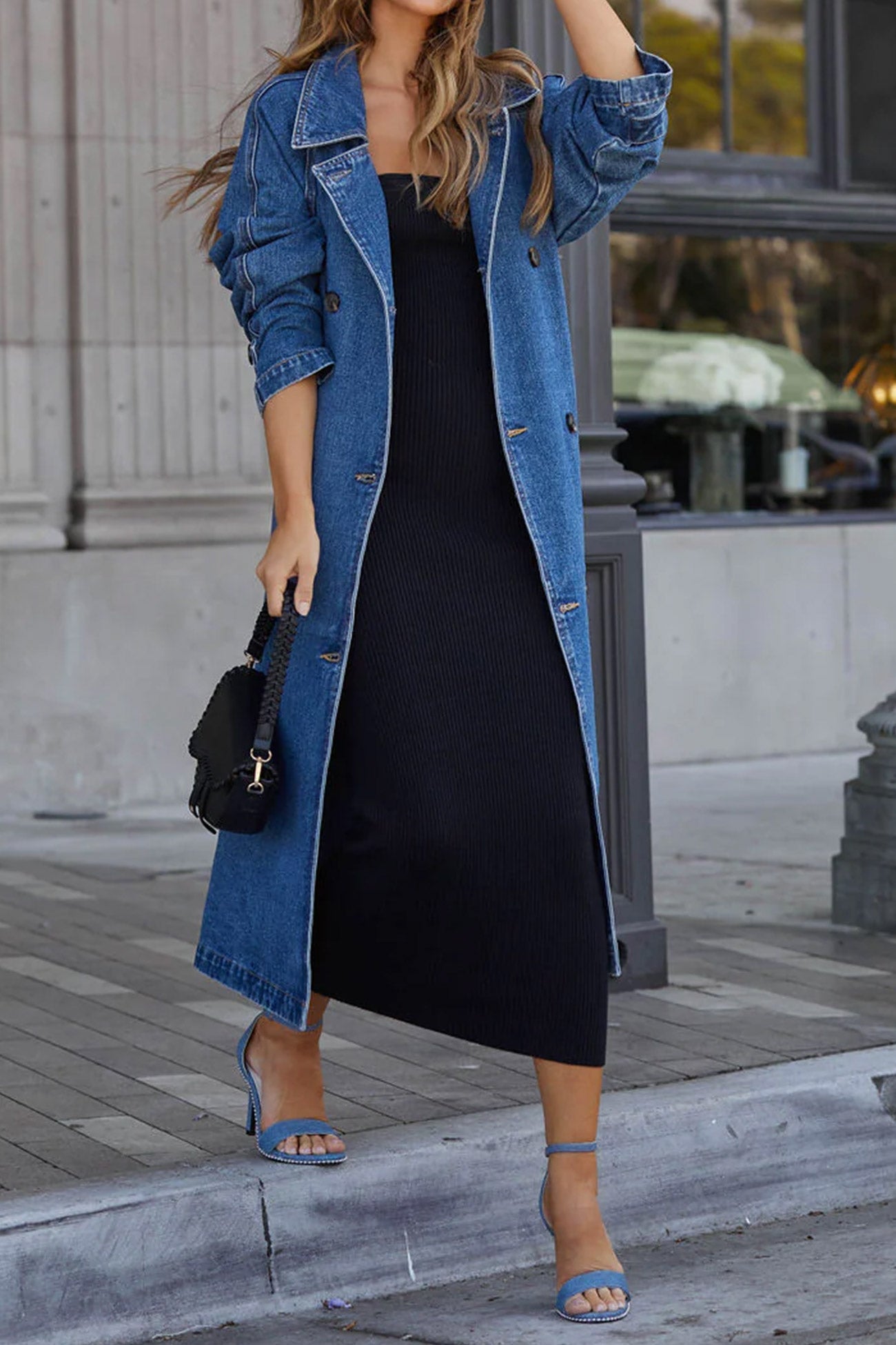 denim dress with coat Double-breasted Strappy Denim Trench Coat – AROLORA
