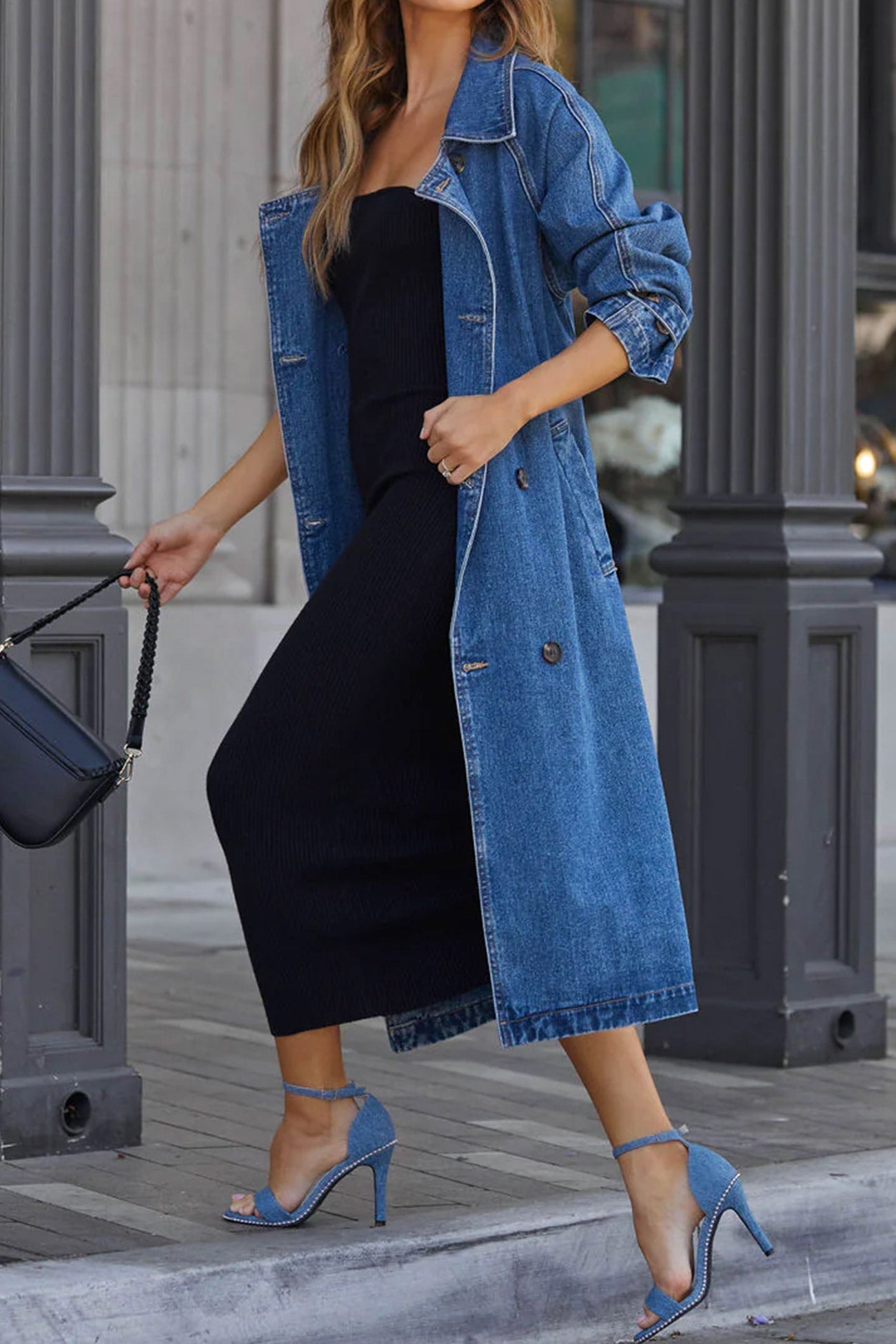 Double-breasted Strappy Denim Trench Coat AROLORA Double-breasted Strappy Denim Trench Coat AROLORA