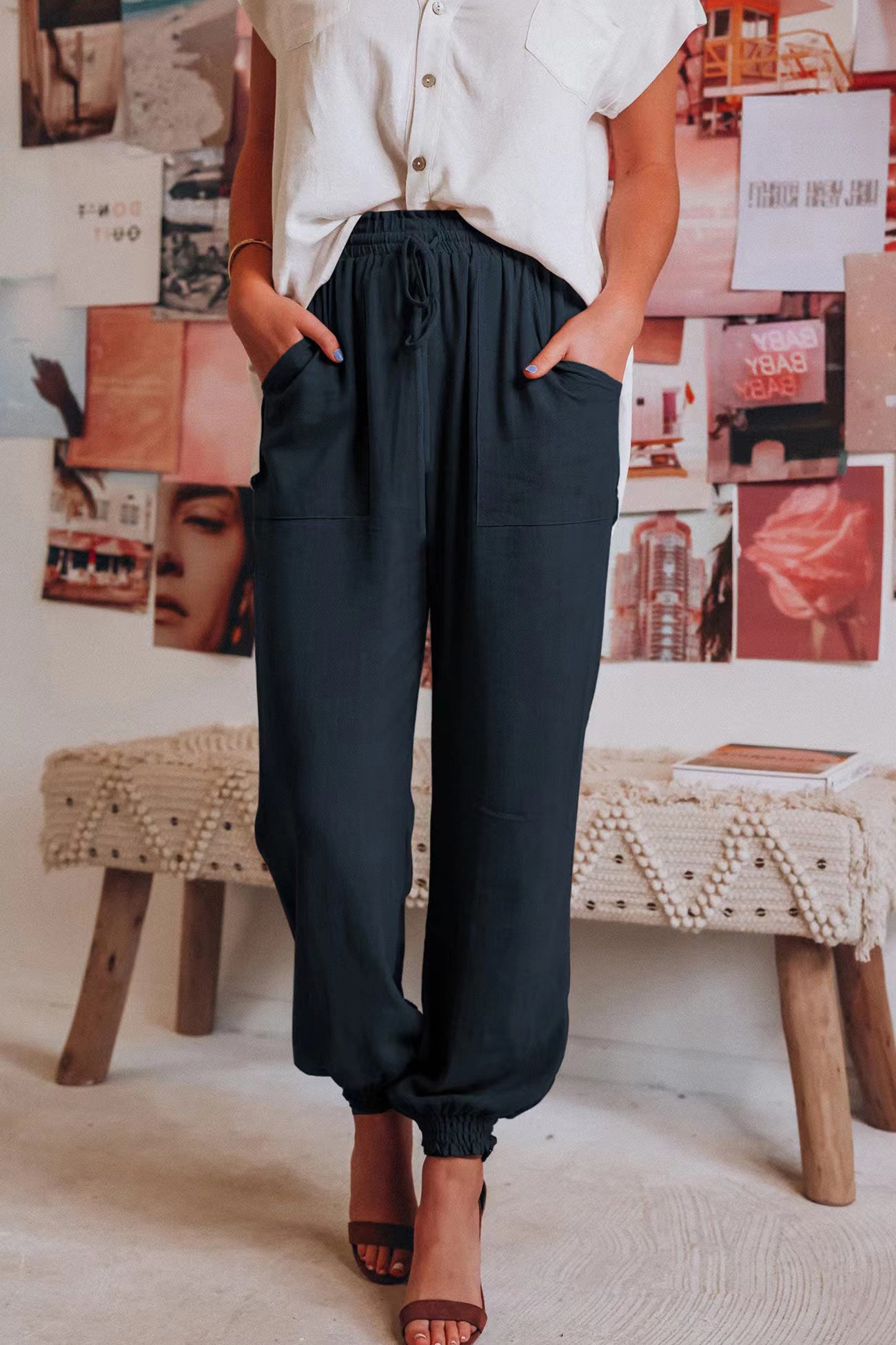 Arolora Drawstring Solid Color Loose Long Pants