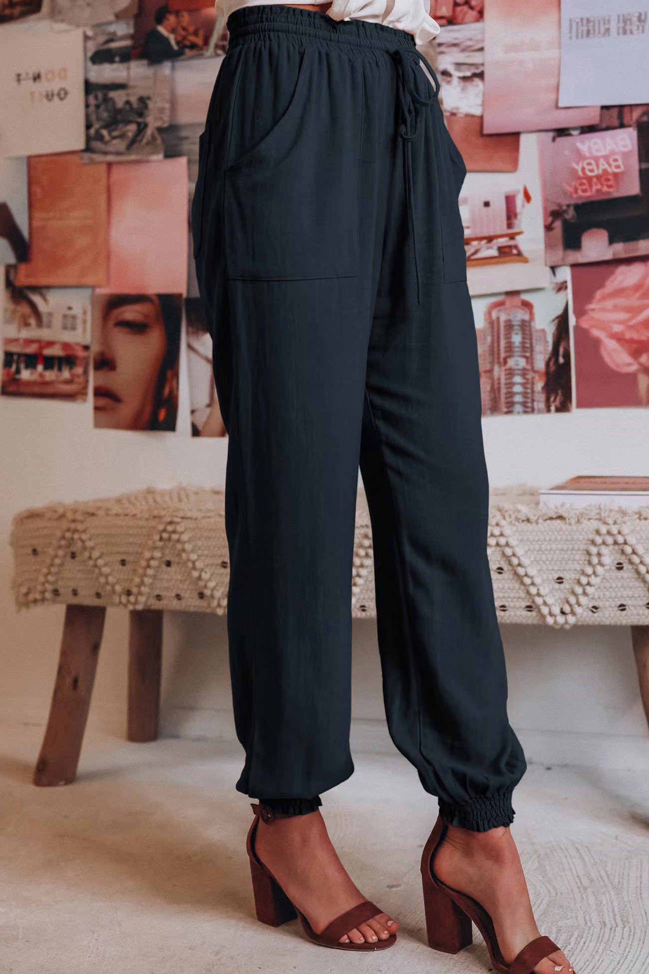 Arolora Drawstring Solid Color Loose Long Pants