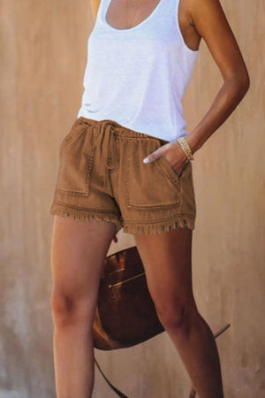 Drawstring Waist Raw Edge Denim Shorts