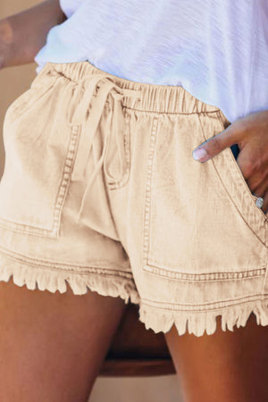 Drawstring Waist Raw Edge Denim Shorts
