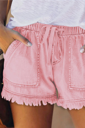 Drawstring Waist Raw Edge Denim Shorts