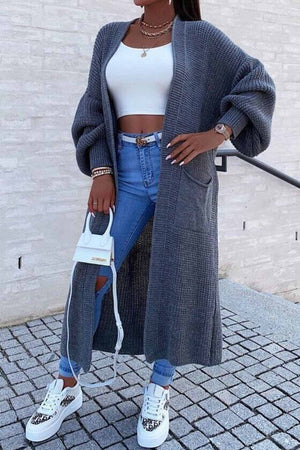 Drop Shoulder Lantern Sleeve Pocket Long Cardigan