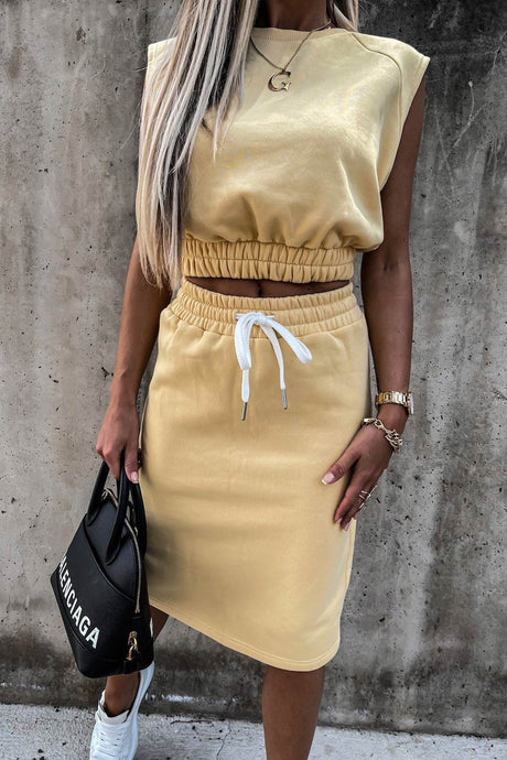 Elastic Waist Tank Top Slit Skirt Suits