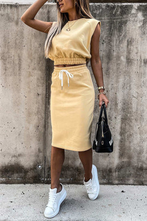 Elastic Waist Tank Top Slit Skirt Suits