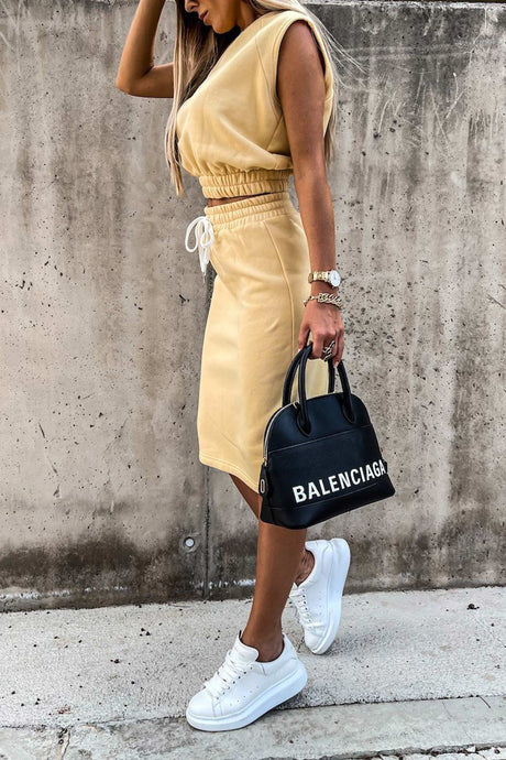 Elastic Waist Tank Top Slit Skirt Suits