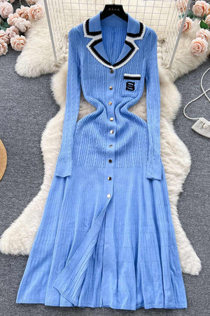 Arolora embroidery-lapel-single-breasted-knit-dress