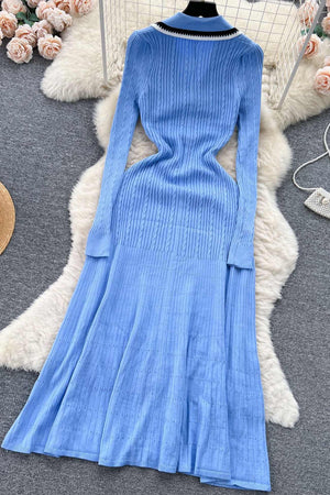 Arolora embroidery-lapel-single-breasted-knit-dress