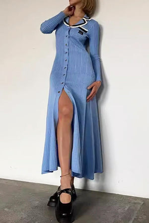 Arolora embroidery-lapel-single-breasted-knit-dress