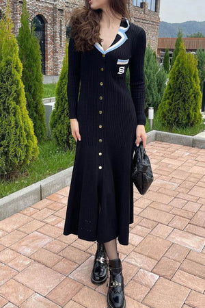 Arolora embroidery-lapel-single-breasted-knit-dress
