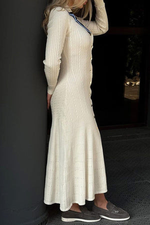 Arolora embroidery-lapel-single-breasted-knit-dress