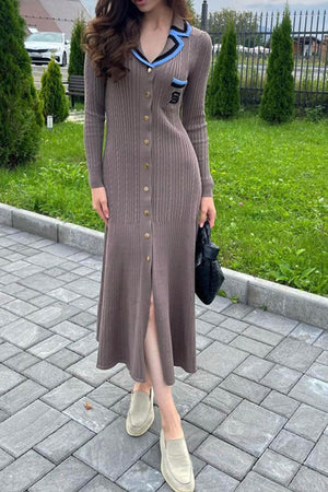 Arolora embroidery-lapel-single-breasted-knit-dress