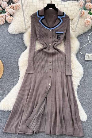 Arolora embroidery-lapel-single-breasted-knit-dress