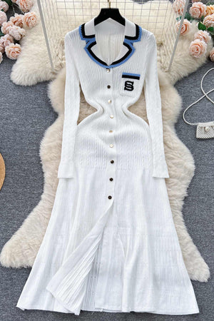 Arolora embroidery-lapel-single-breasted-knit-dress