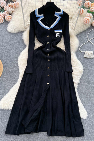 Arolora embroidery-lapel-single-breasted-knit-dress