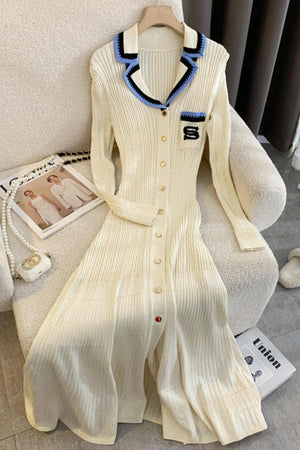 Arolora embroidery-lapel-single-breasted-knit-dress