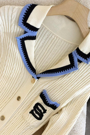 Arolora embroidery-lapel-single-breasted-knit-dress