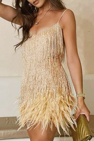 Feather Sequin Tassel Cami Dress