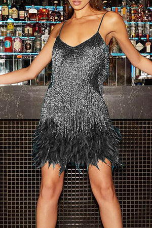 Feather Sequin Tassel Cami Dress