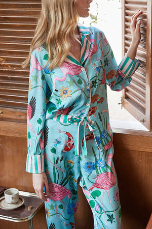 Flamingo Print Long Sleeve Lace Up Pants Loungewear