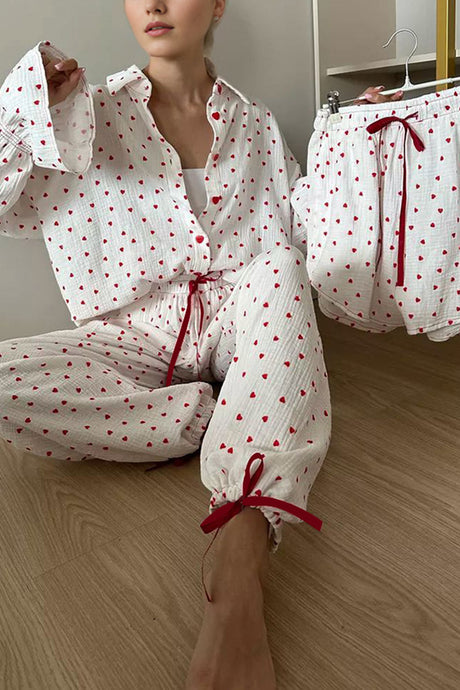 Arolora Flare Sleeve Heart Print Bow Tie Cotton Three-piece Set