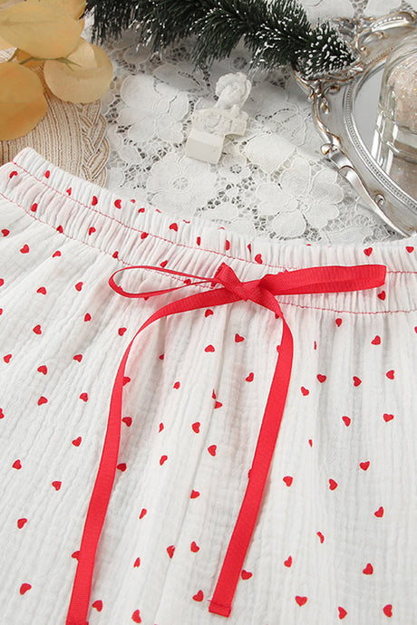 Arolora Flare Sleeve Heart Print Bow Tie Cotton Three-piece Set