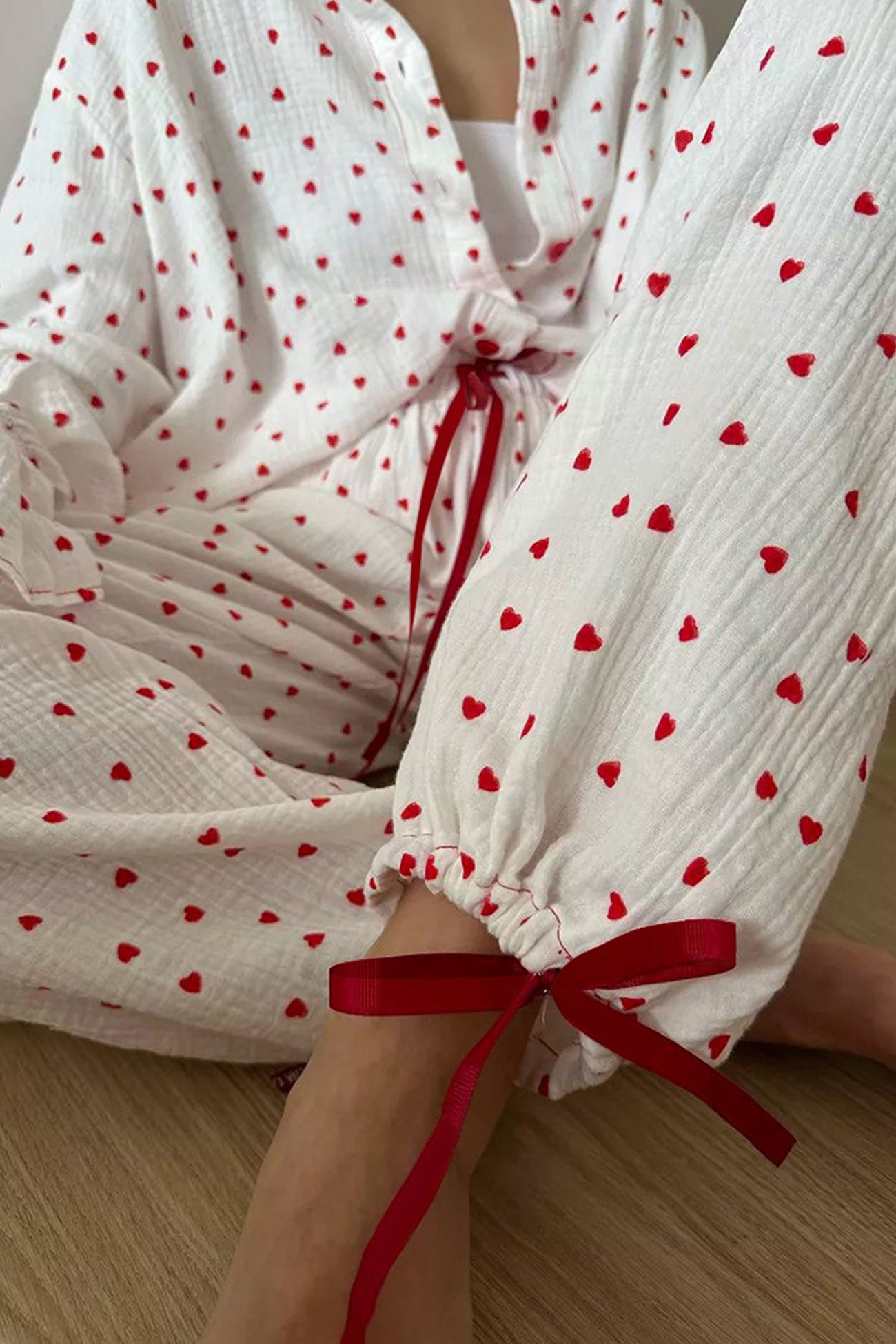 Arolora Flare Sleeve Heart Print Bow Tie Cotton Three-piece Set