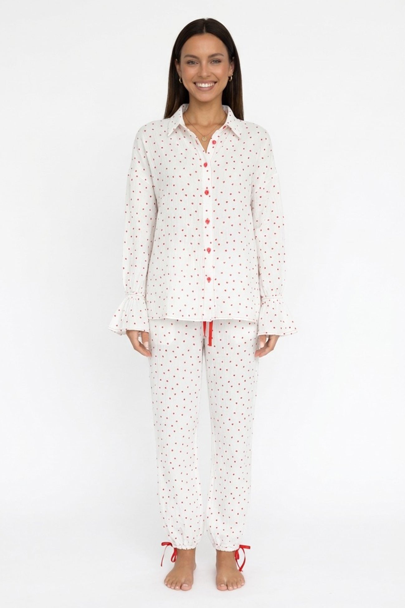 Flare Sleeve Heart Print Bow Tie Cotton Three-piece Set
