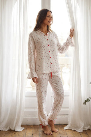 Flare Sleeve Heart Print Bow Tie Cotton Three-piece Set