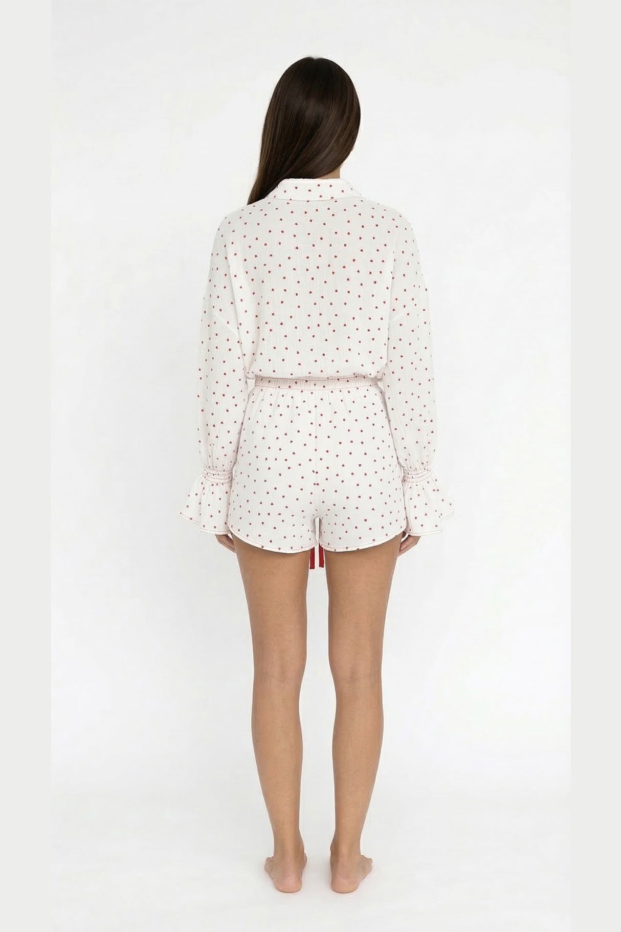 Flare Sleeve Heart Print Bow Tie Cotton Three-piece Set