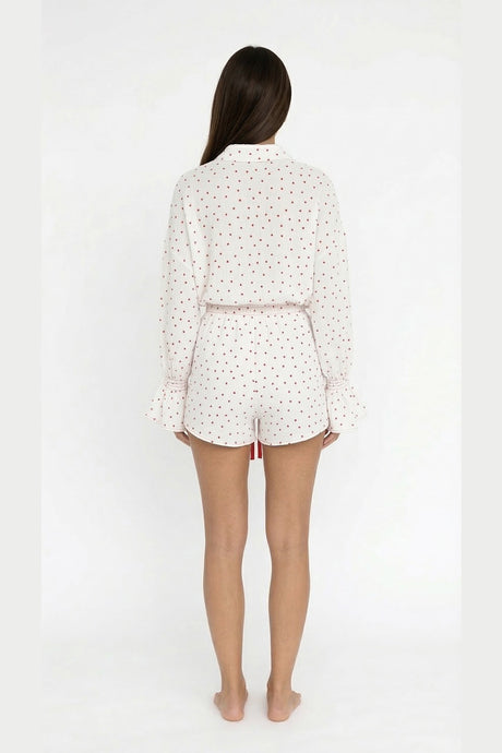 Flare Sleeve Heart Print Bow Tie Cotton Three-piece Set