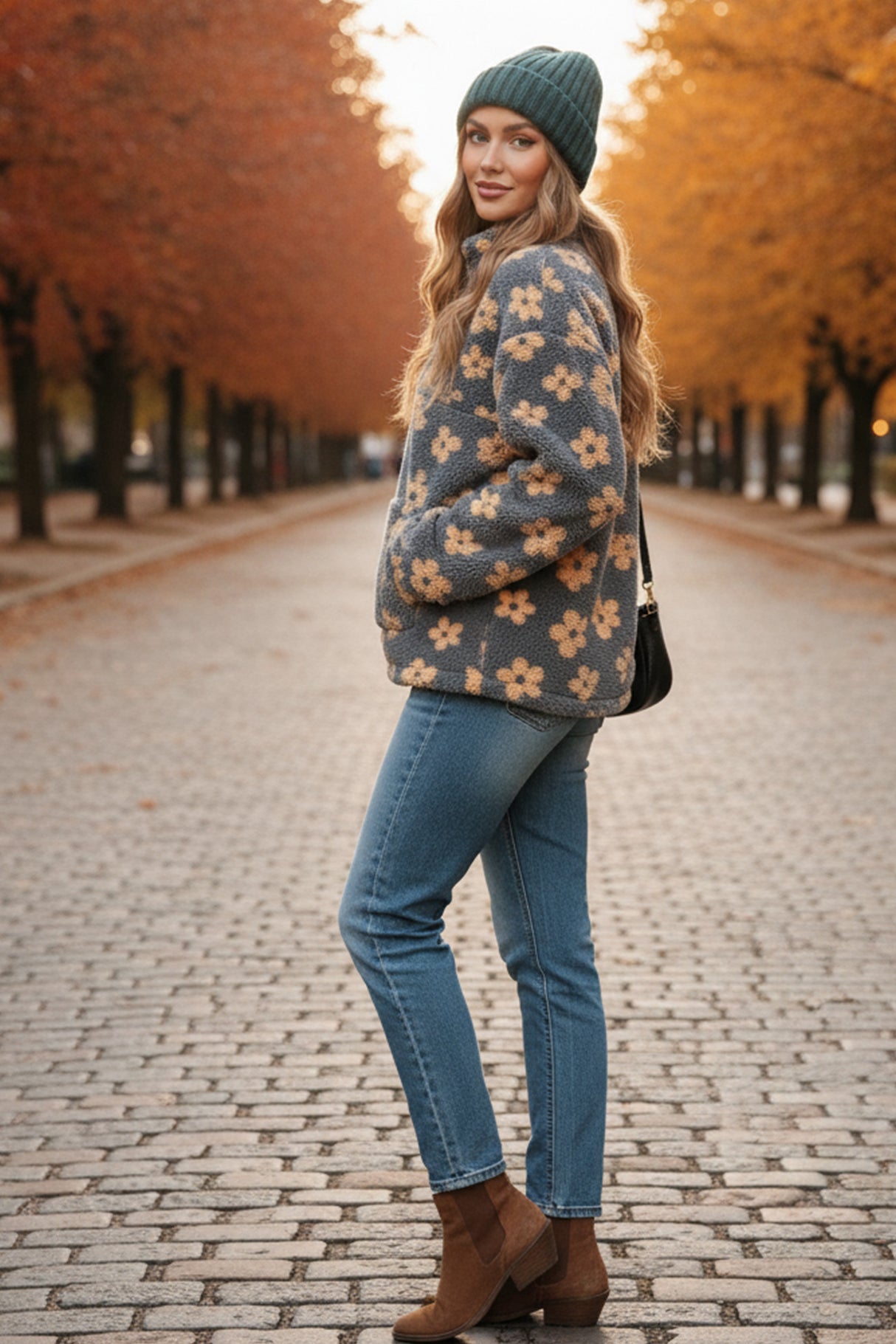 Floral Fleece Zip-Up Front Pocket Hoodie