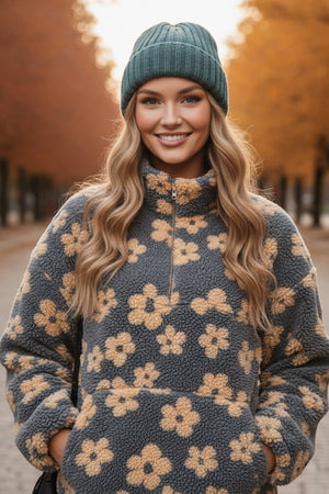 Floral Fleece Zip-Up Front Pocket Hoodie