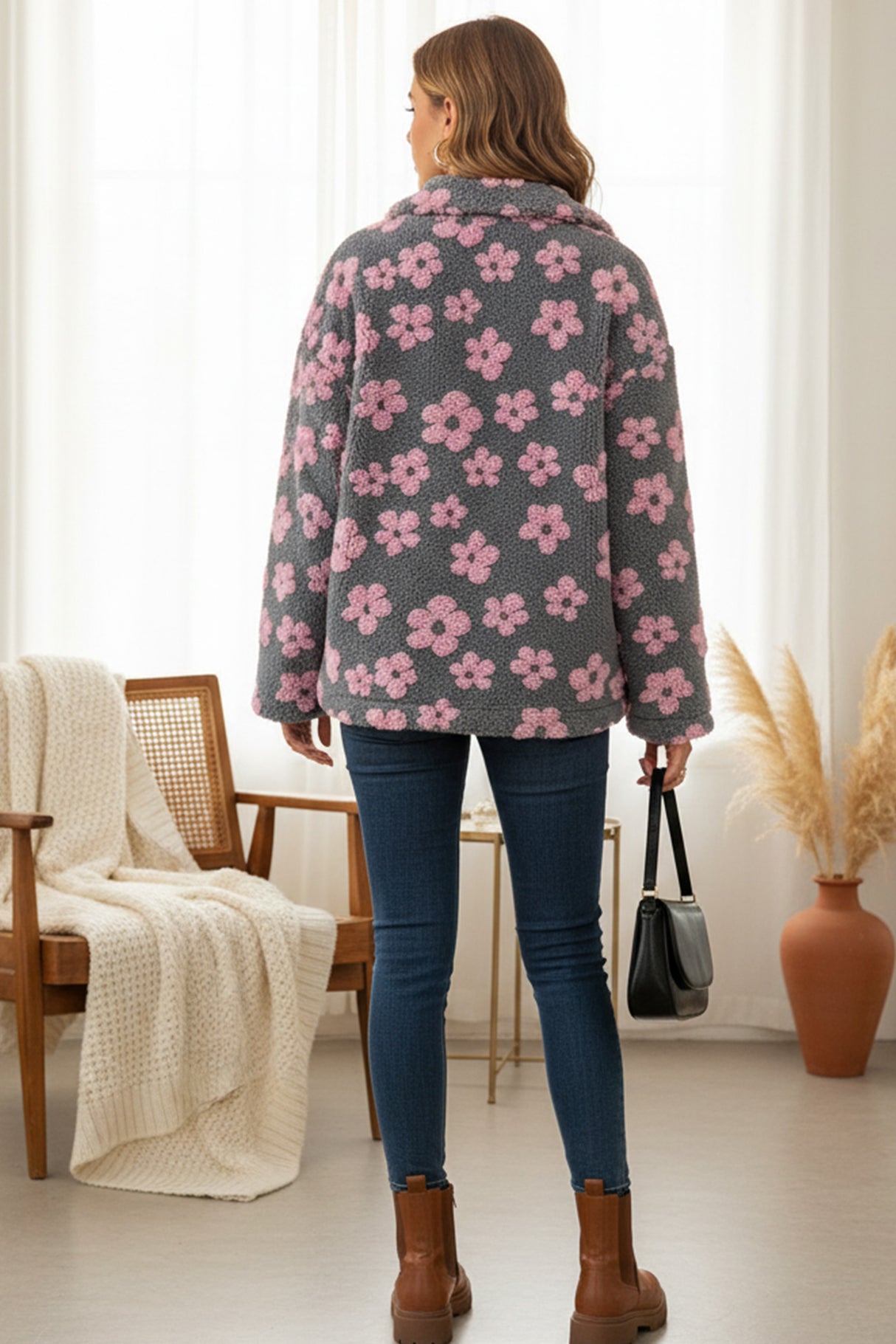 Floral Fleece Zip-Up Front Pocket Hoodie