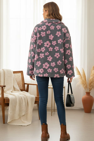 Floral Fleece Zip-Up Front Pocket Hoodie